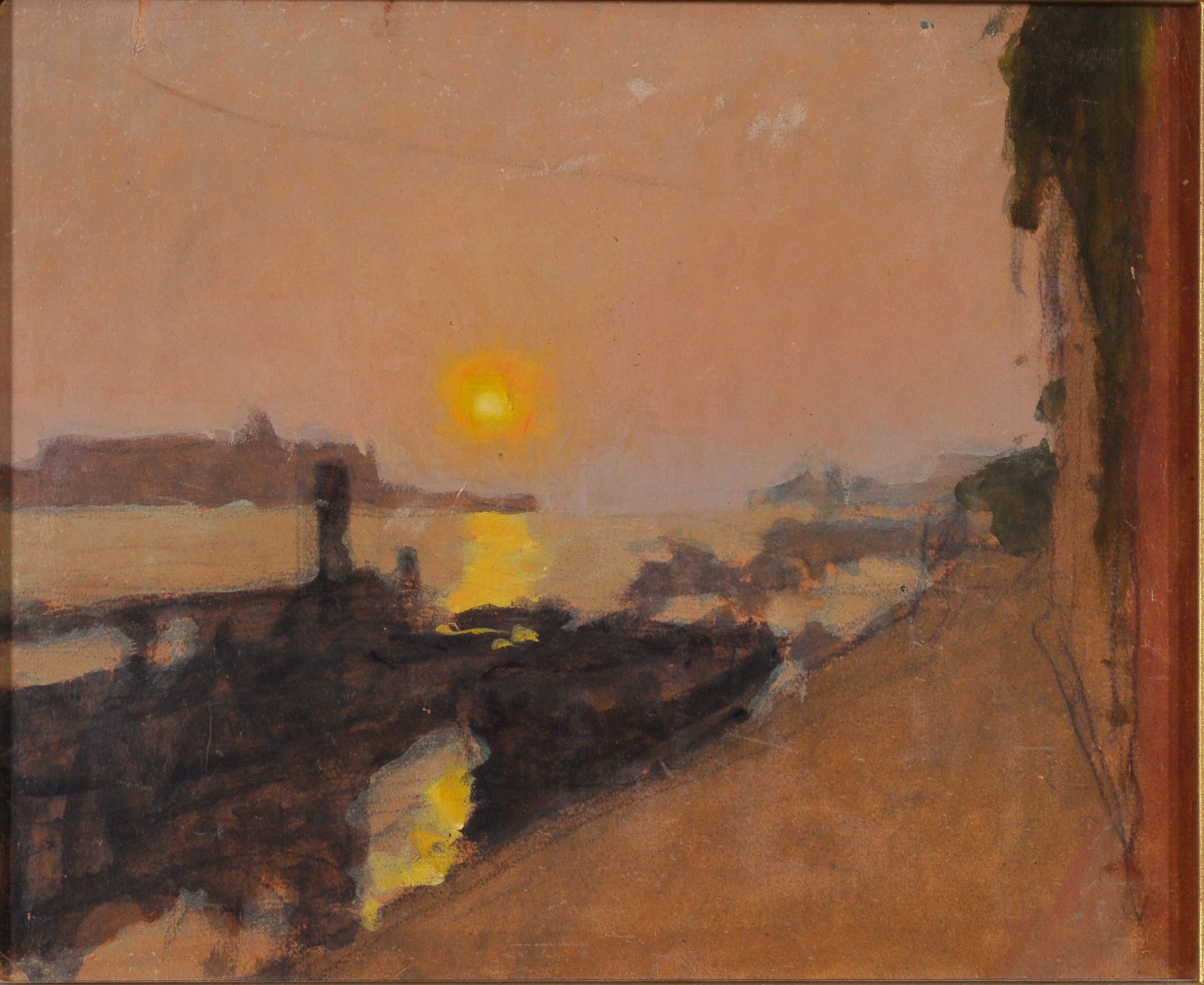 Coucher de soleil à Venise. M. Joron. Peinture à l'huile sur carton. 1918